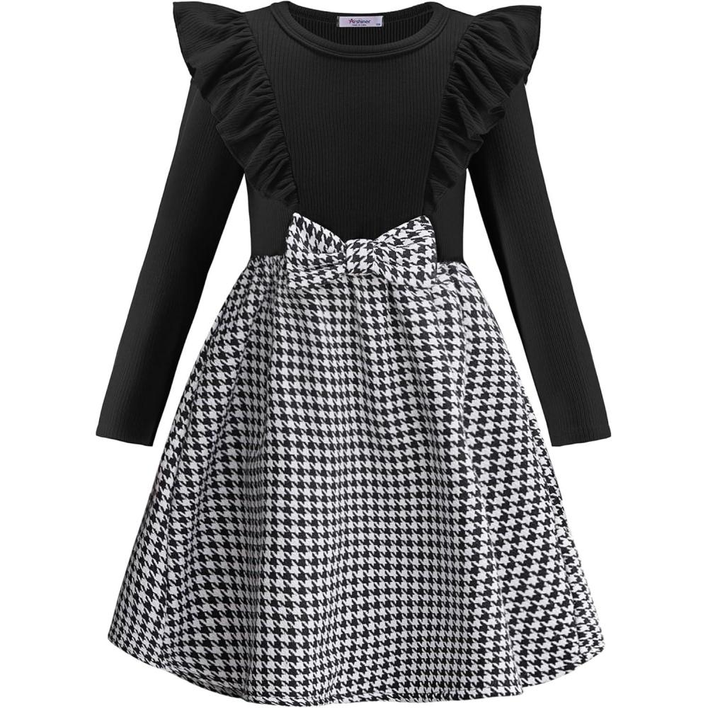 image:imageArshiner Girls Fall Winter Dress Plaid Ribbed Ruffles Long Sleeve Dresses Cute Bowknot Little Girls Clothes 26 YearsBlack Houndstooth
