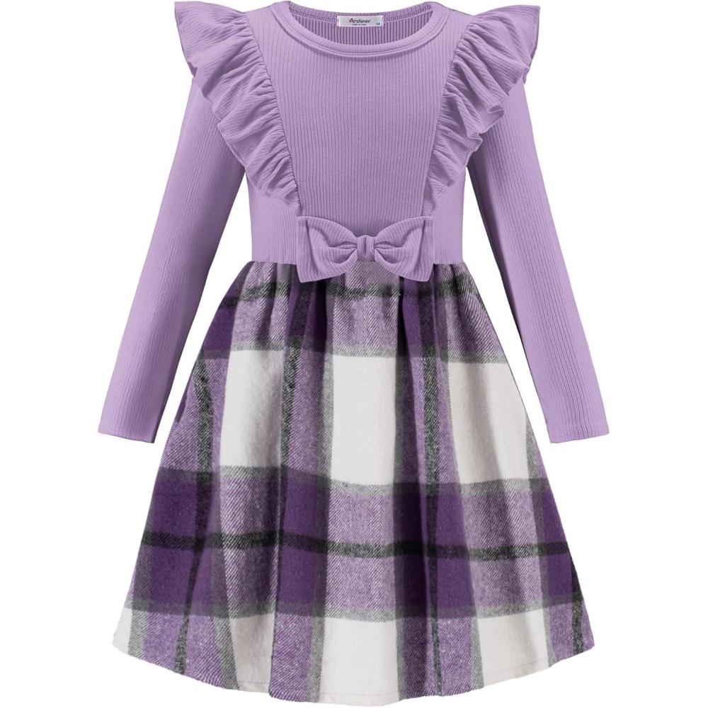 image:imageArshiner Girls Fall Winter Dress Plaid Ribbed Ruffles Long Sleeve Dresses Cute Bowknot Little Girls Clothes 26 YearsLilac Blue Plaid