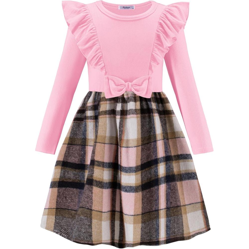image:imageArshiner Girls Fall Winter Dress Plaid Ribbed Ruffles Long Sleeve Dresses Cute Bowknot Little Girls Clothes 26 YearsPink  Khaki Plaid