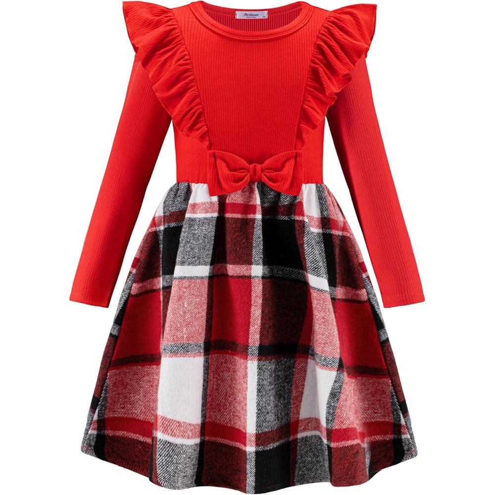 image:imageArshiner Girls Fall Winter Dress Plaid Ribbed Ruffles Long Sleeve Dresses Cute Bowknot Little Girls Clothes 26 YearsRed Red Plaid