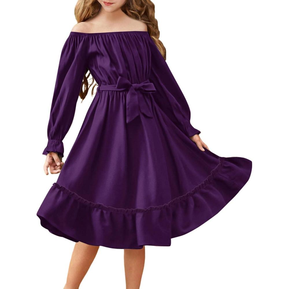 image:imageArshiner Girls Long Sleeve Dresses Fall Party Formal Holiday Swing Flowy Ruffle Midi DressPurple
