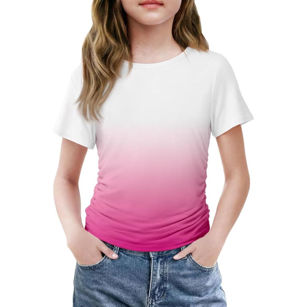 image:imageArshiner Girls Shirts Side Ruched Short Sleeve Crewneck Fitted Tops Casual Summer Soft Tee Clothes 512 YearsGradient Pink