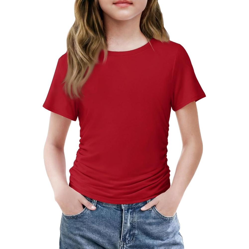 image:imageArshiner Girls Shirts Side Ruched Short Sleeve Crewneck Fitted Tops Casual Summer Soft Tee Clothes 512 YearsRed