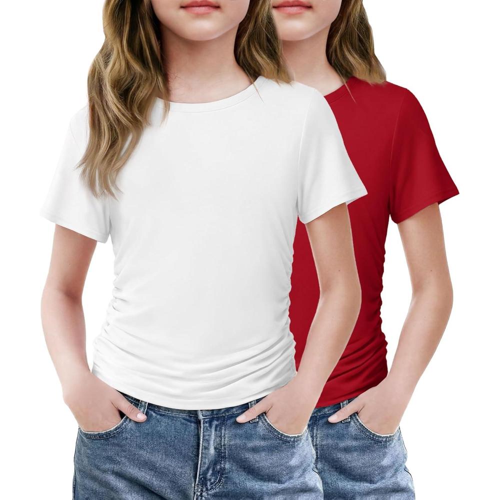 image:imageArshiner Girls Shirts Side Ruched Short Sleeve Crewneck Fitted Tops Casual Summer Soft Tee Clothes 512 YearsRedWhite
