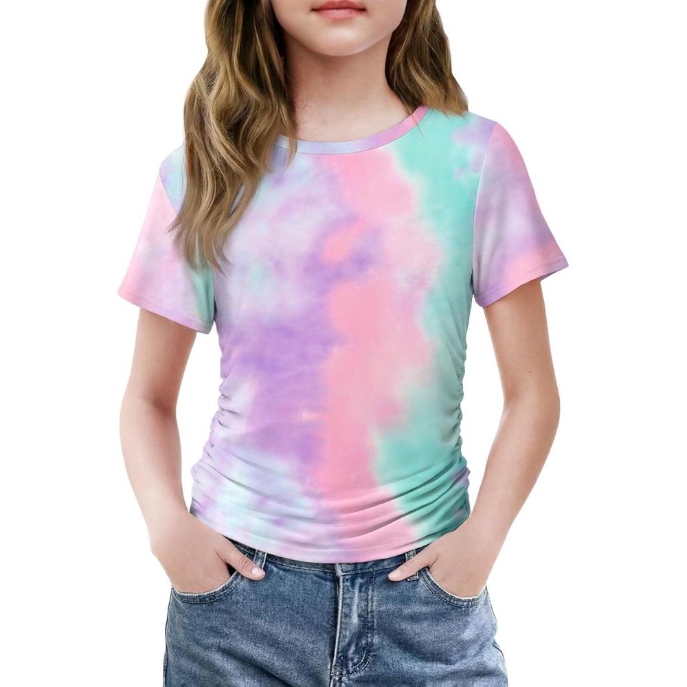 image:imageArshiner Girls Shirts Side Ruched Short Sleeve Crewneck Fitted Tops Casual Summer Soft Tee Clothes 512 YearsTie Dye
