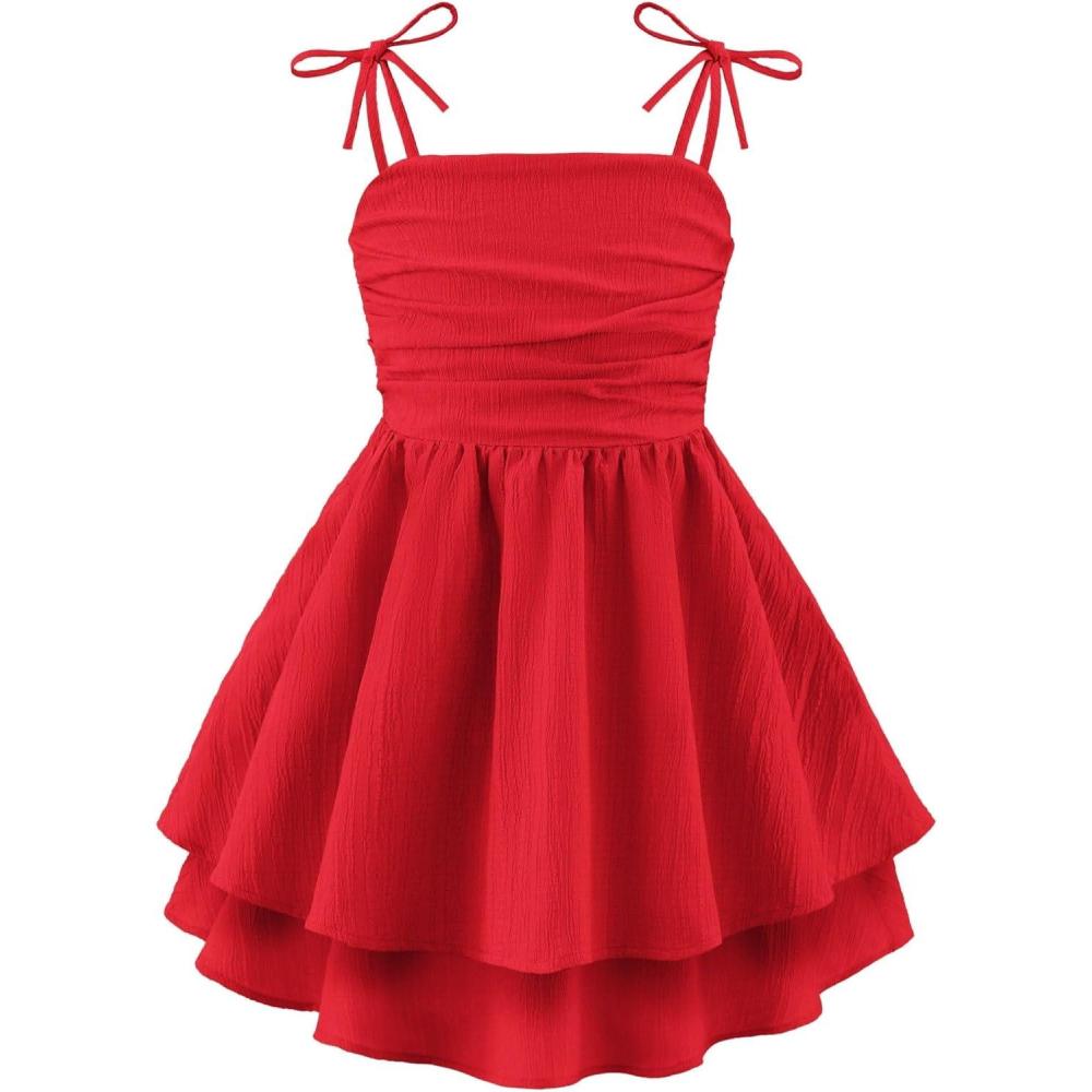 image:imageArshiner Girls Summer Spaghetti Strap Dresses Flowy Tiered Ruched Smocked Back Casual Beach Midi SundressRed