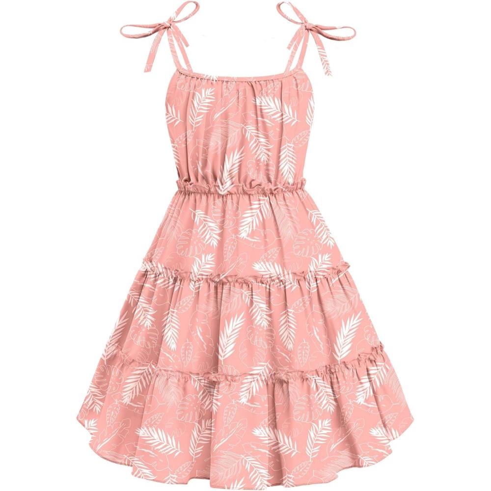 image:imageArshiner Girls Summer Sundress Boho Spaghetti Strap Ruffled Tiered Dresses Casual Midi Cami DressBpinkhawaiian