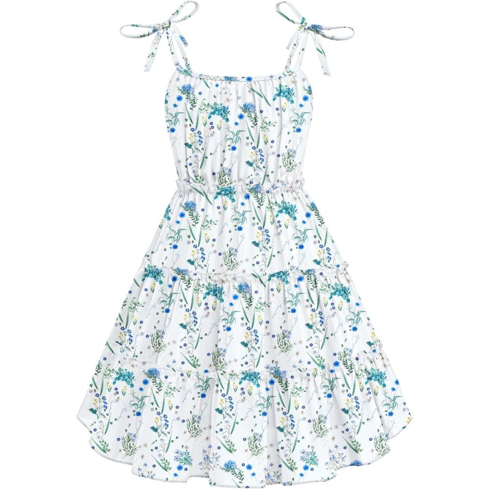 image:imageArshiner Girls Summer Sundress Boho Spaghetti Strap Ruffled Tiered Dresses Casual Midi Cami DressGreen and Whitefloral