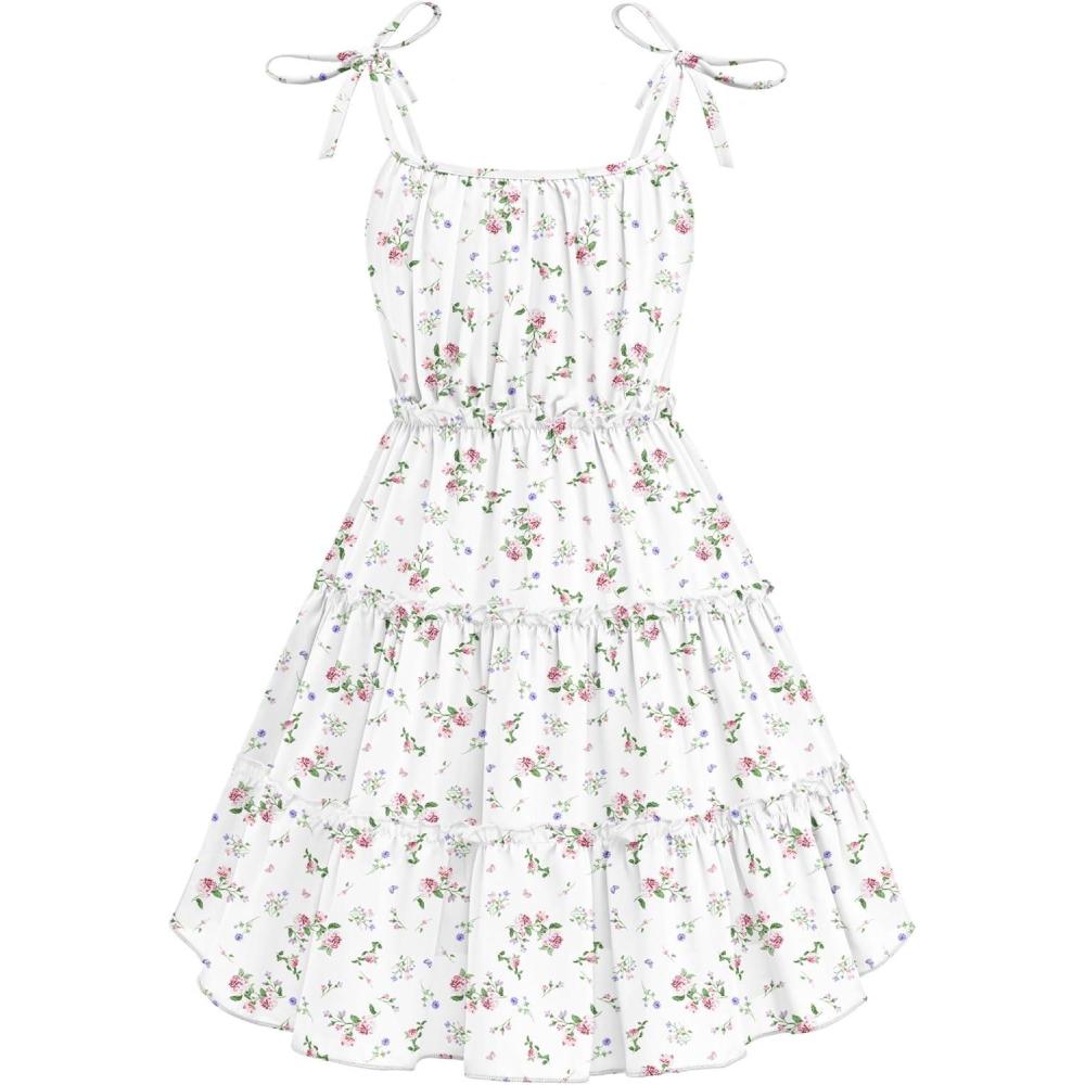 image:imageArshiner Girls Summer Sundress Boho Spaghetti Strap Ruffled Tiered Dresses Casual Midi Cami DressPink and Whitefloral