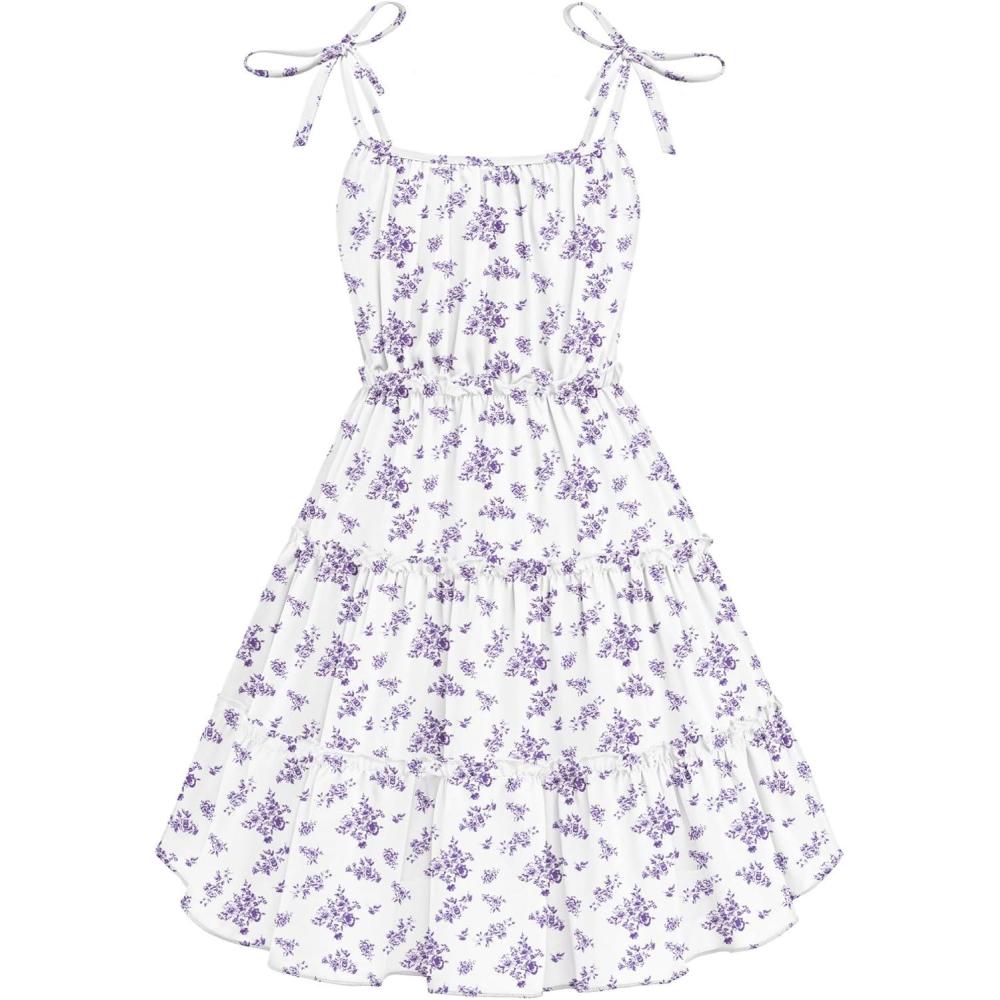 image:imageArshiner Girls Summer Sundress Boho Spaghetti Strap Ruffled Tiered Dresses Casual Midi Cami DressPurple and Whitefloral
