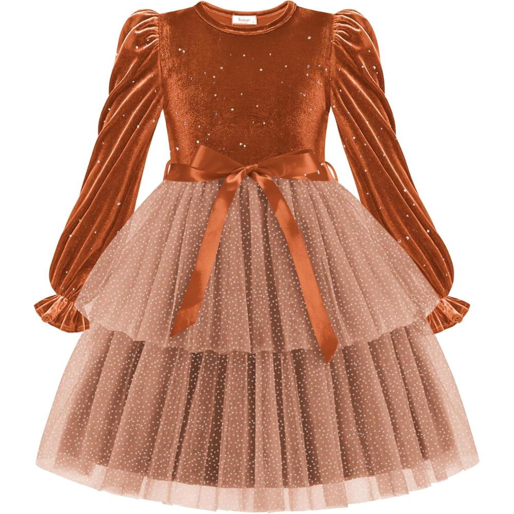 image:imageArshiner Girls Velvet Tutu Dress Toddler Puff Long Sleeve Tiered Tulle Fall Winter Party Dresses with RibbonBrown Sequin