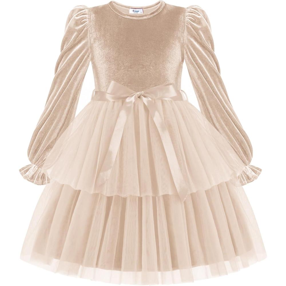 image:imageArshiner Girls Velvet Tutu Dress Toddler Puff Long Sleeve Tiered Tulle Fall Winter Party Dresses with RibbonChampagne