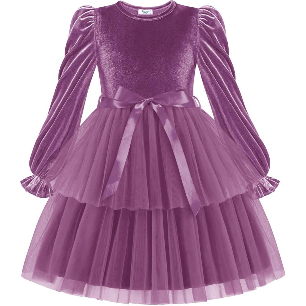 image:imageArshiner Girls Velvet Tutu Dress Toddler Puff Long Sleeve Tiered Tulle Fall Winter Party Dresses with RibbonFuchsia