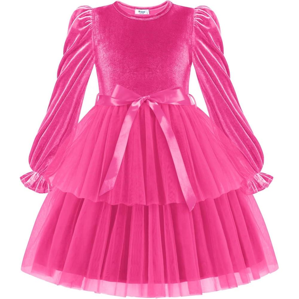 image:imageArshiner Girls Velvet Tutu Dress Toddler Puff Long Sleeve Tiered Tulle Fall Winter Party Dresses with RibbonHot Pink