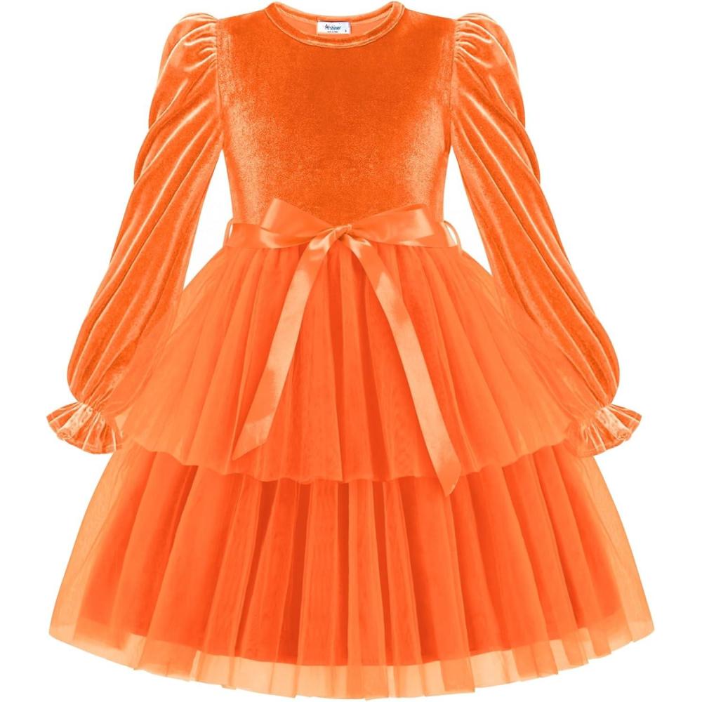 image:imageArshiner Girls Velvet Tutu Dress Toddler Puff Long Sleeve Tiered Tulle Fall Winter Party Dresses with RibbonOrange