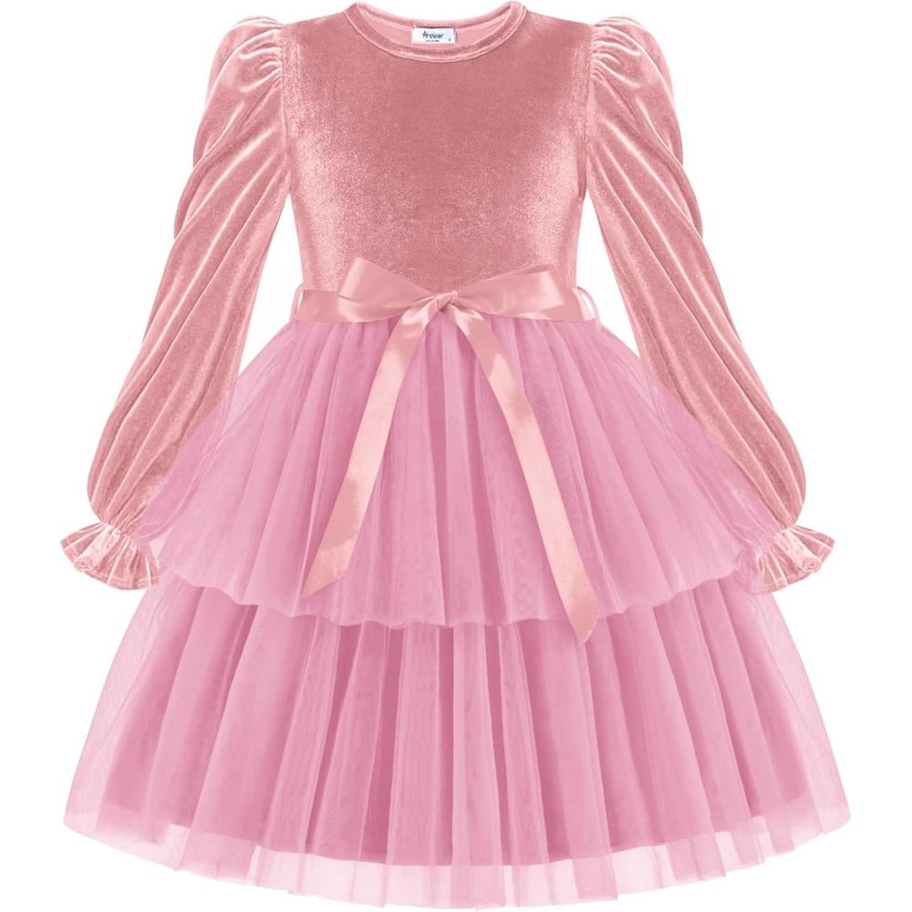 image:imageArshiner Girls Velvet Tutu Dress Toddler Puff Long Sleeve Tiered Tulle Fall Winter Party Dresses with RibbonPink