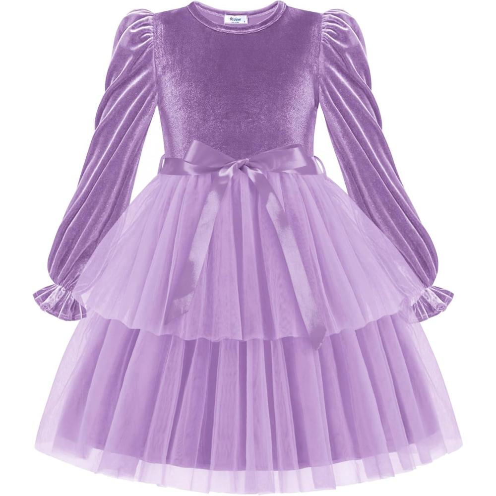 image:imageArshiner Girls Velvet Tutu Dress Toddler Puff Long Sleeve Tiered Tulle Fall Winter Party Dresses with RibbonPurple