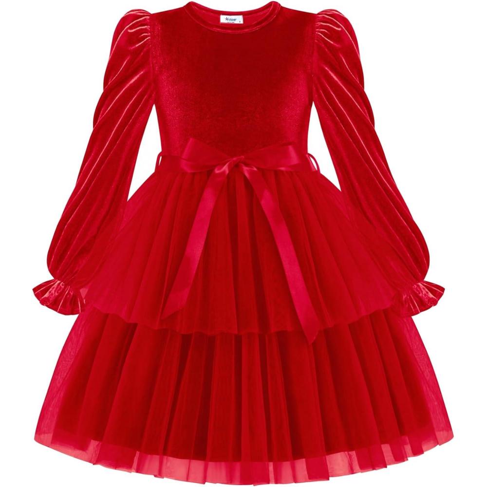 image:imageArshiner Girls Velvet Tutu Dress Toddler Puff Long Sleeve Tiered Tulle Fall Winter Party Dresses with RibbonRed