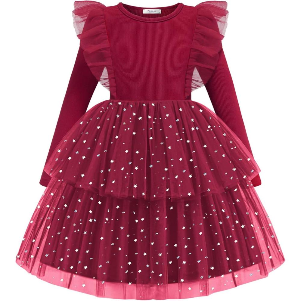 image:imageArshiner Toddler Dress Baby Girls Tutu Tiered Formal Party Sequin Tulle Dresses Fall Winter Clothes for 16 YearsDark Red
