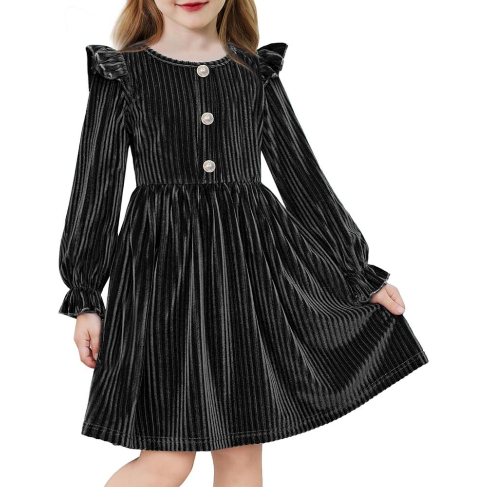 image:imageArshiner Toddler Girls Long Sleeve Velvet Dress Ruffled Crew Neck Midi ALine Fall Vintage Dress with Pockets for Kids 28YBlack