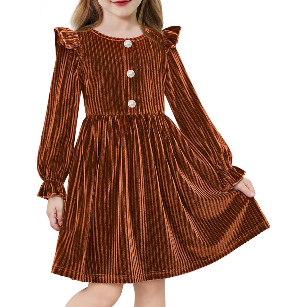 image:imageArshiner Toddler Girls Long Sleeve Velvet Dress Ruffled Crew Neck Midi ALine Fall Vintage Dress with Pockets for Kids 28YCaramel
