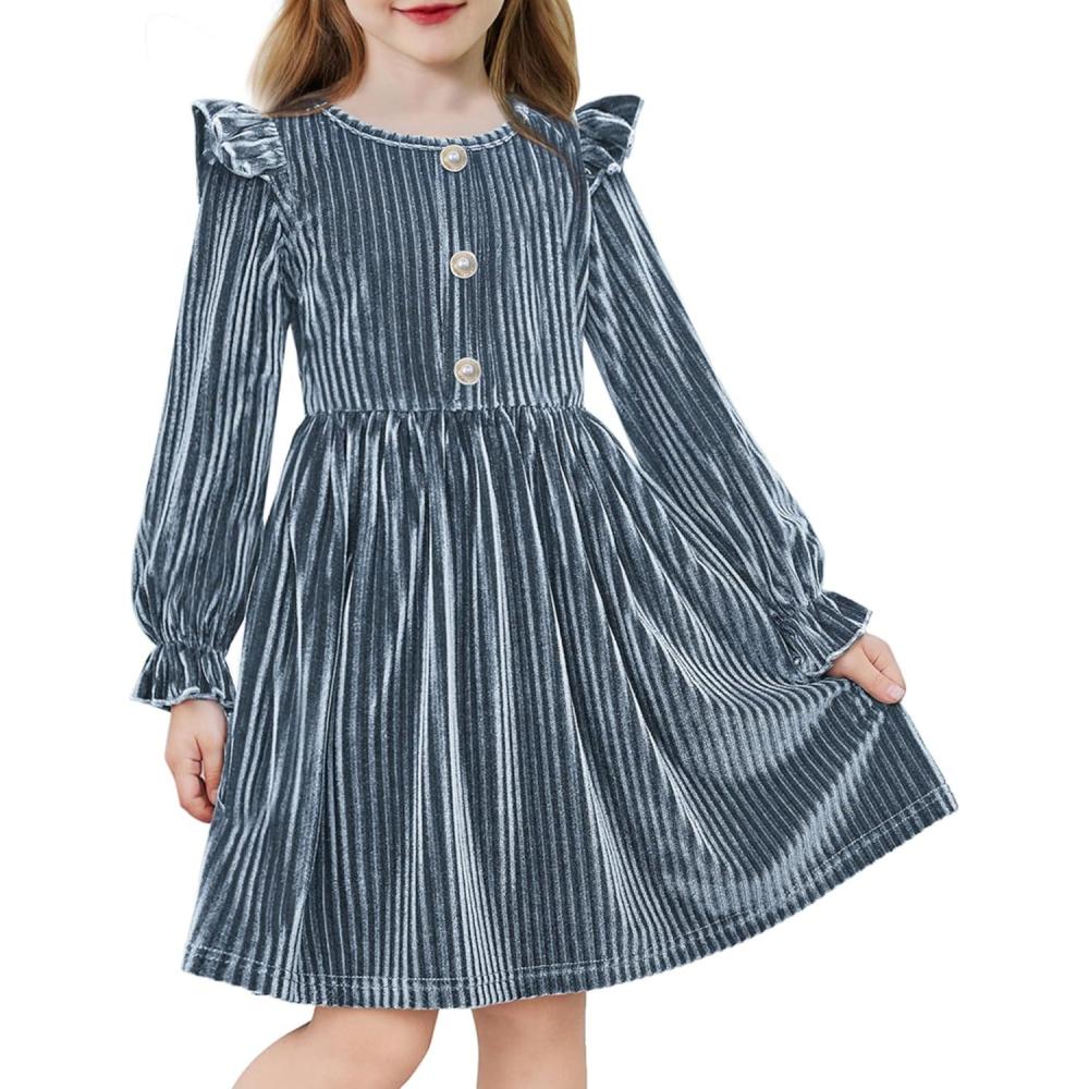 image:imageArshiner Toddler Girls Long Sleeve Velvet Dress Ruffled Crew Neck Midi ALine Fall Vintage Dress with Pockets for Kids 28YGray Blue