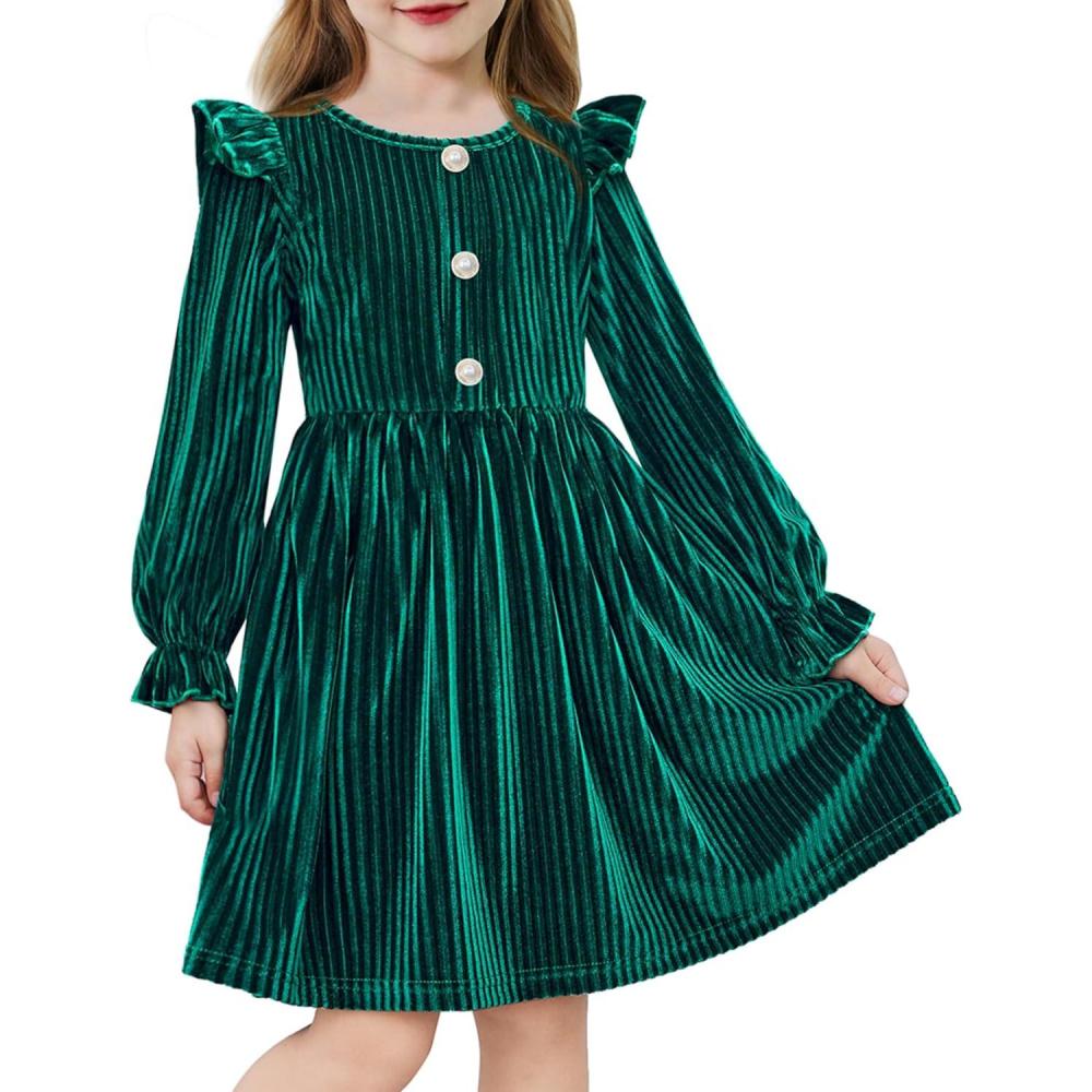 image:imageArshiner Toddler Girls Long Sleeve Velvet Dress Ruffled Crew Neck Midi ALine Fall Vintage Dress with Pockets for Kids 28YGreen
