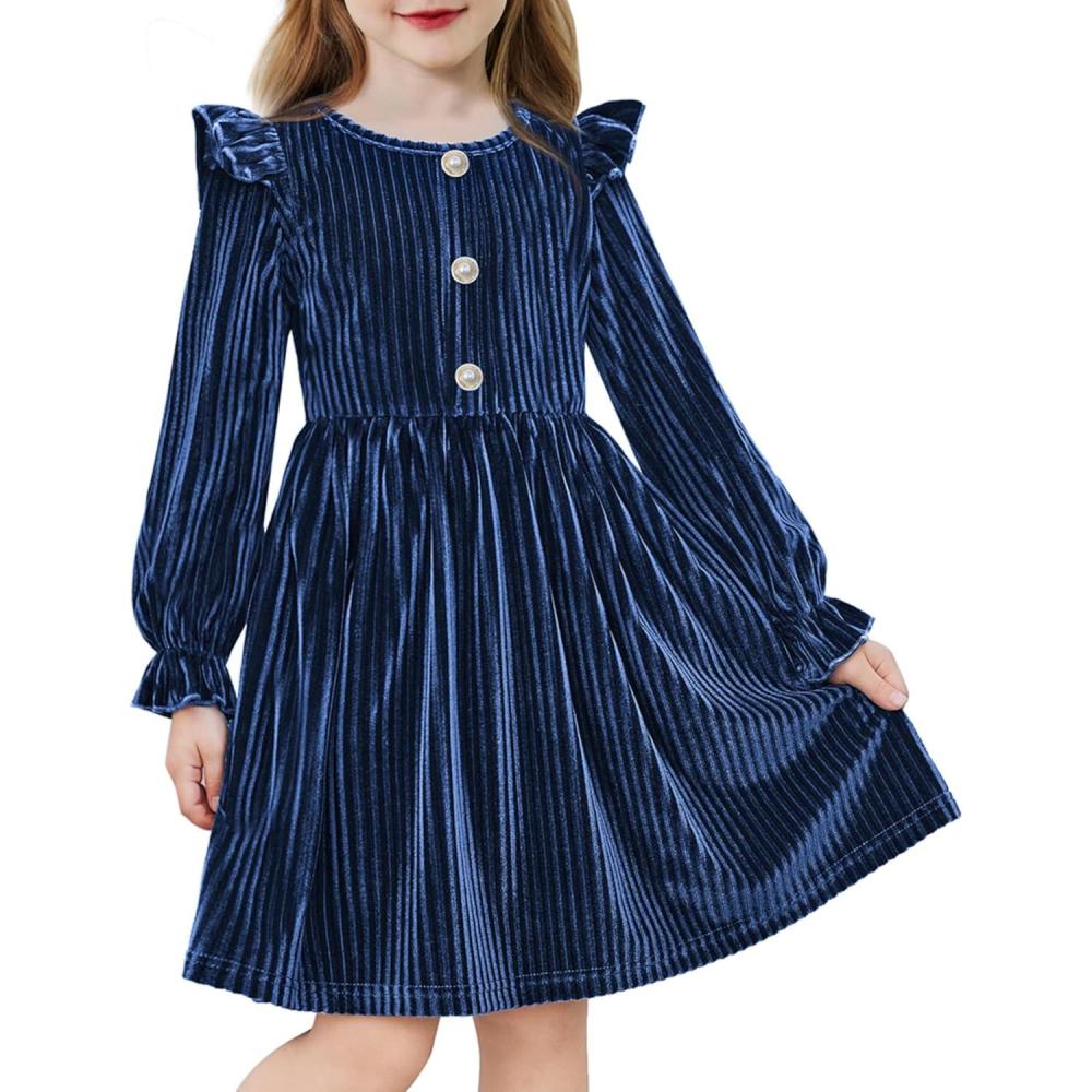 image:imageArshiner Toddler Girls Long Sleeve Velvet Dress Ruffled Crew Neck Midi ALine Fall Vintage Dress with Pockets for Kids 28YNavy Blue