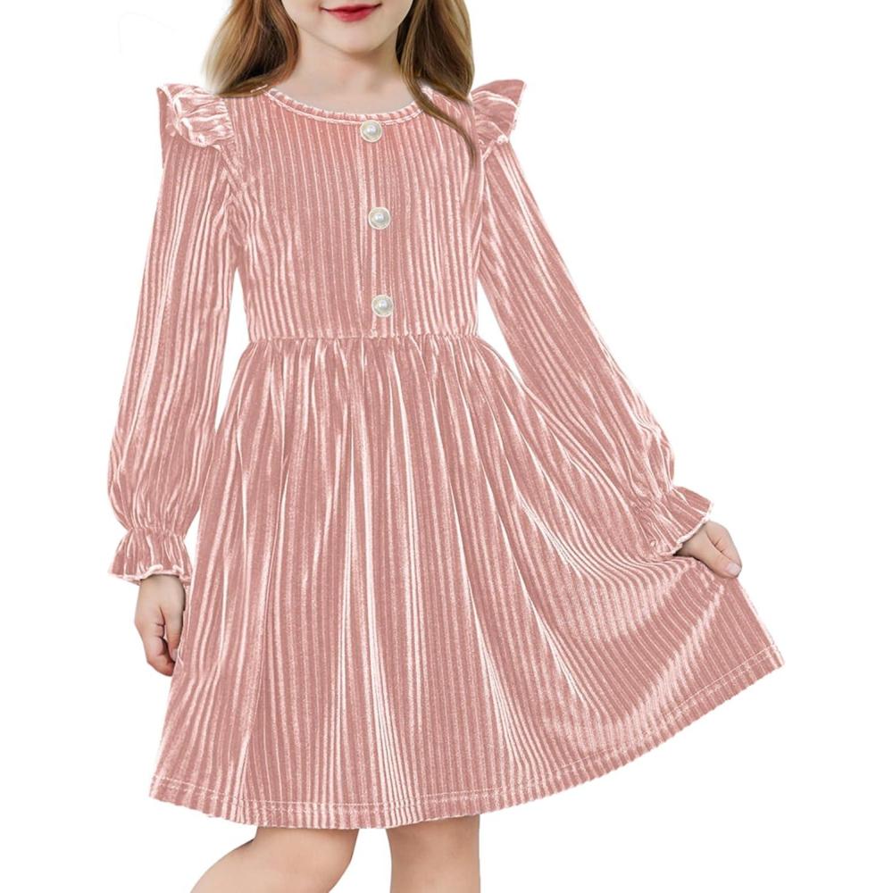 image:imageArshiner Toddler Girls Long Sleeve Velvet Dress Ruffled Crew Neck Midi ALine Fall Vintage Dress with Pockets for Kids 28YPink