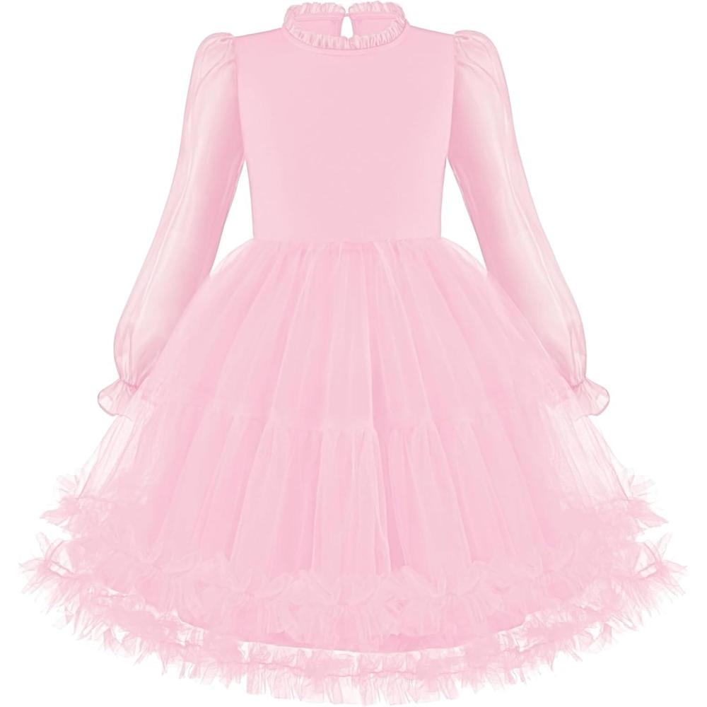 image:imageArshiner Toddler Tutu Dress Girls Puff Long Sleeve Fall Winter Formal Party Tulle Dresses 38YPink