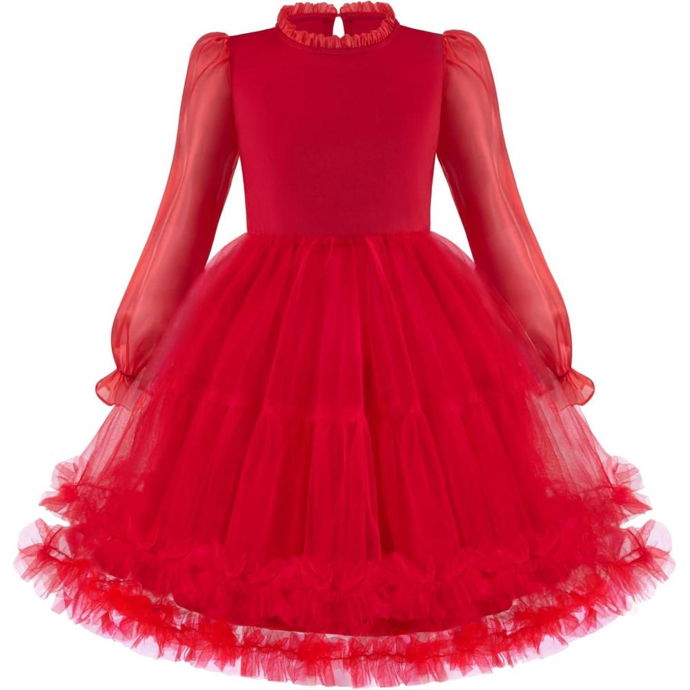 image:imageArshiner Toddler Tutu Dress Girls Puff Long Sleeve Fall Winter Formal Party Tulle Dresses 38YRed