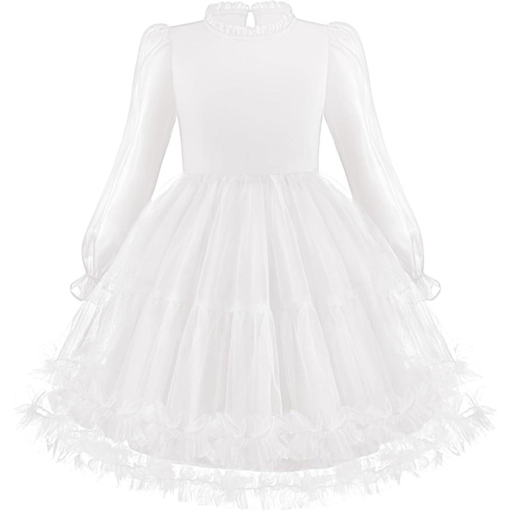 image:imageArshiner Toddler Tutu Dress Girls Puff Long Sleeve Fall Winter Formal Party Tulle Dresses 38YWhite
