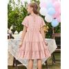 Arshiner Girls 2025 Summer Dresses Pom Poms Flutter Ruffle Sleeve Midi Polka Dot V Neck Dress with Pockets(Light Pink)