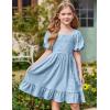 Arshiner Girls Backless Dress Short Sleeve Square Neck Ruffle Hem Elegant Dresses(Blue)