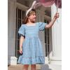Arshiner Girls Backless Dress Short Sleeve Square Neck Ruffle Hem Elegant Dresses(Blue)