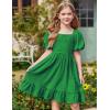 Arshiner Girls Backless Dress Short Sleeve Square Neck Ruffle Hem Elegant Dresses(Green)