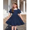 Arshiner Girls Backless Dress Short Sleeve Square Neck Ruffle Hem Elegant Dresses(Navy Blue)