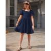 Arshiner Girls Backless Dress Short Sleeve Square Neck Ruffle Hem Elegant Dresses(Navy Blue)