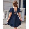 Arshiner Girls Backless Dress Short Sleeve Square Neck Ruffle Hem Elegant Dresses(Navy Blue)