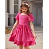 Arshiner Girls Backless Dress Short Sleeve Square Neck Ruffle Hem Elegant Dresses(Rose Red)