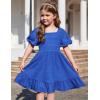 Arshiner Girls Backless Dress Short Sleeve Square Neck Ruffle Hem Elegant Dresses(Royal Blue)
