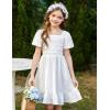 Arshiner Girls Backless Dress Short Sleeve Square Neck Ruffle Hem Elegant Dresses(White)