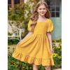 Arshiner Girls Backless Dress Short Sleeve Square Neck Ruffle Hem Elegant Dresses(Yellow)