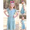 Arshiner Girls Dress Short Sleeve Summer V Neck Button Removable Belt Dresses with Pockets 5-12 Y(Light Green)