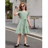 Arshiner Girls Dress Short Sleeve Summer V Neck Button Removable Belt Dresses with Pockets 5-12 Y(Light Green)