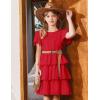 Arshiner Girls Dresses Elegant Ruffle Short Sleeve Back Tie Tiered Dresses(Red)