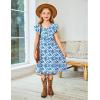 Arshiner Girls Dresses Ruffle Sleeve A-Line V-Neck Sundress Summer Swing Midi Dress with Pockets(Blue Floral)