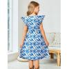 Arshiner Girls Dresses Ruffle Sleeve A-Line V-Neck Sundress Summer Swing Midi Dress with Pockets(Blue Floral)