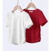 Arshiner Girls Shirts Side Ruched Short Sleeve Crewneck Fitted Tops Casual Summer Soft Tee Clothes 5-12 Years(Red/White)