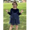 Arshiner Girls Velvet Tutu Dress Toddler Puff Long Sleeve Tiered Tulle Fall Winter Party Dresses with Ribbon(Navy Blue)